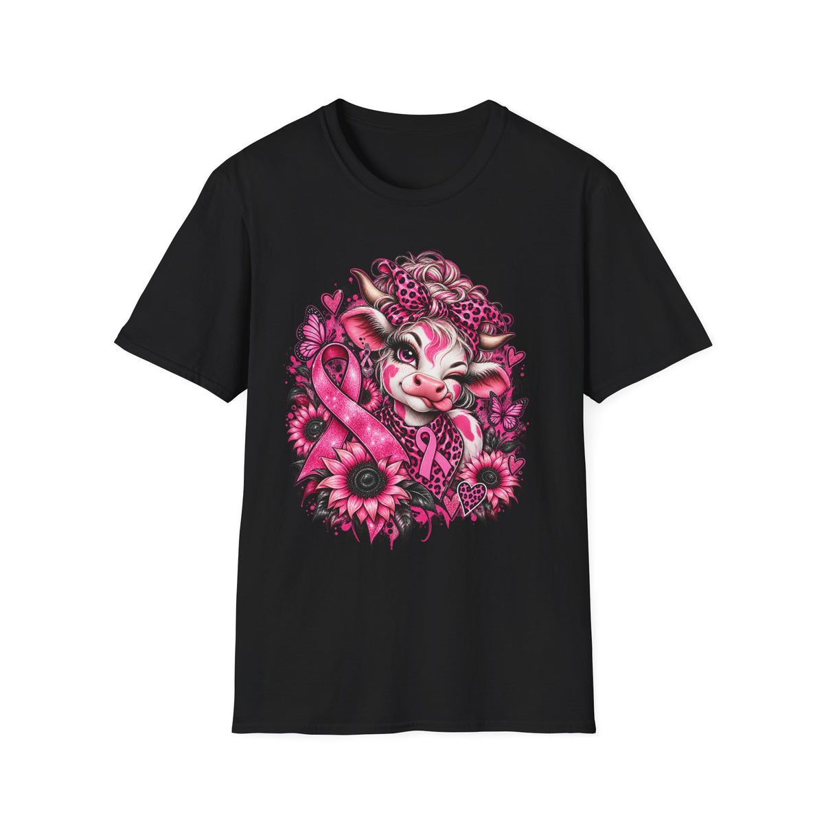Cow Floral Breast Cancer Ribbon T-Shirt | Pink Sunflower Awareness