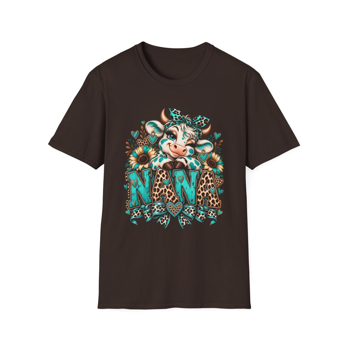 Cow Nana shirt | Cow with sunflowers, teal leopard print NAN T-Shirt
