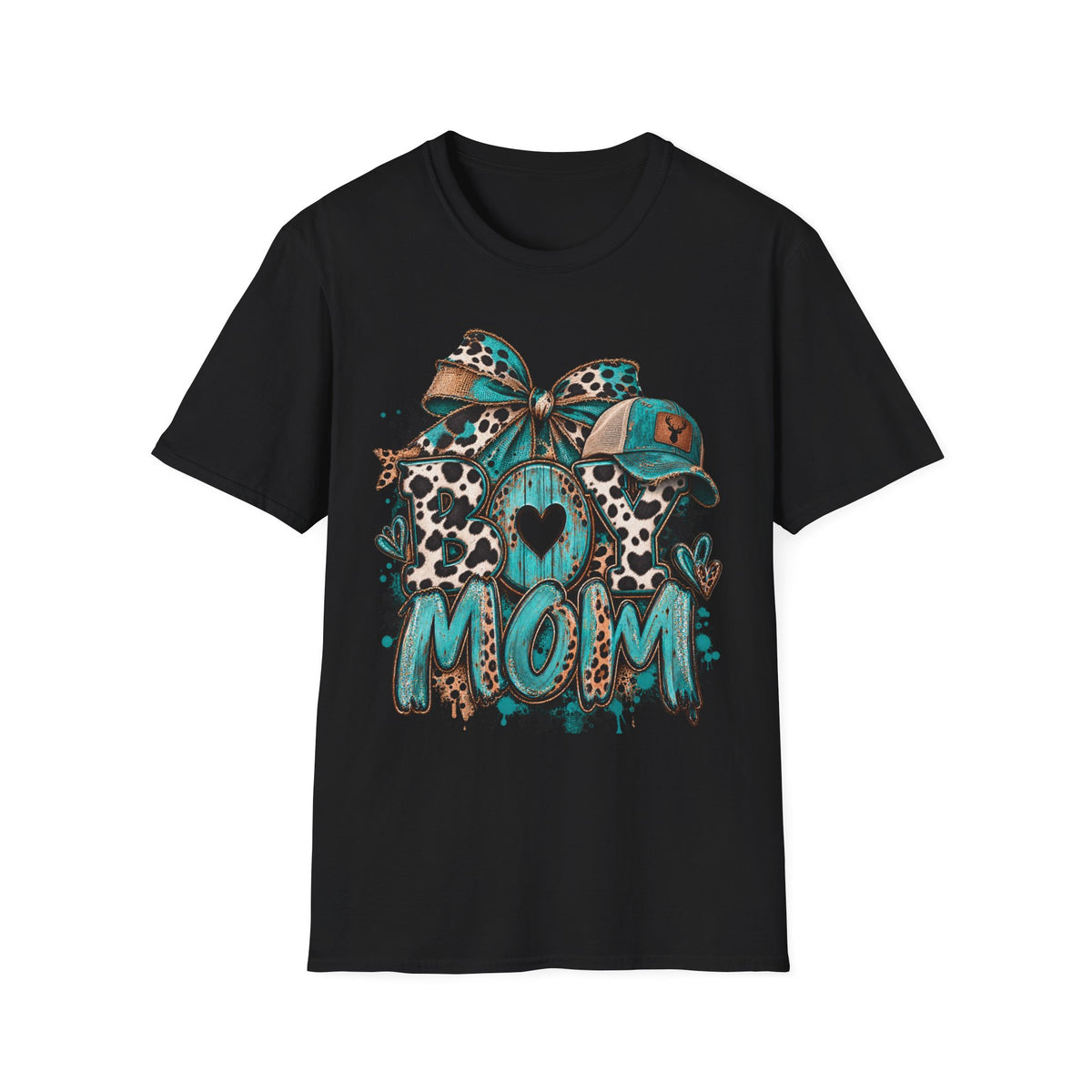 Teal Leopard Boy Mom T-Shirt | Heart Bow Baseball Cap Design