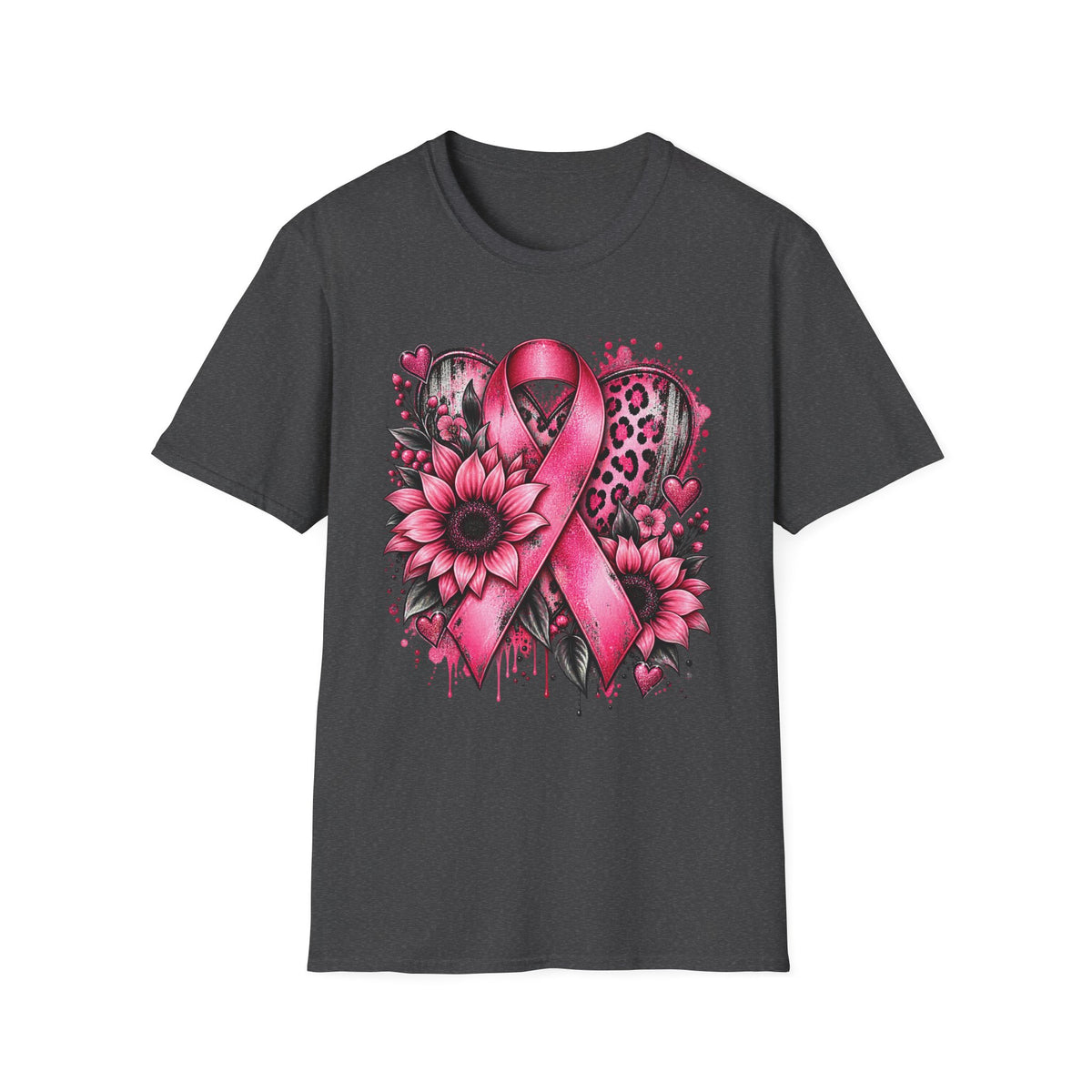 Pink Awareness Ribbon Heart T-Shirt | Floral Leopard Breast Cancer Design