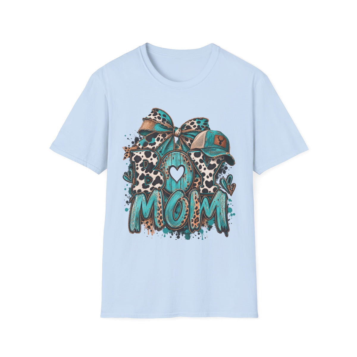 Teal Leopard Boy Mom T-Shirt | Heart Bow Baseball Cap Design