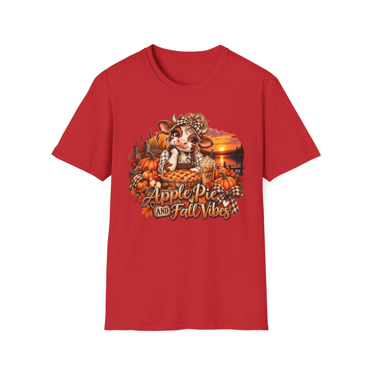 Apple Pie and Fall Vibes T-Shirt | Cute Cow Autumn Pumpkin Design