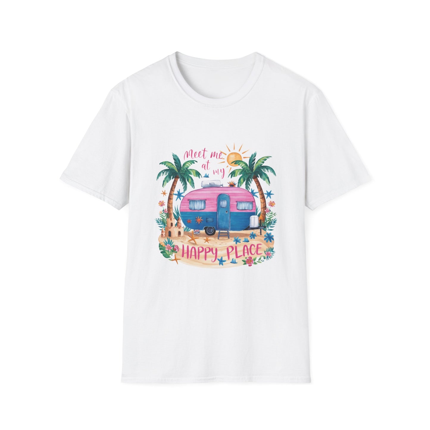 Meet Me at My Happy Place Camper T-Shirt | Retro Pink Trailer
