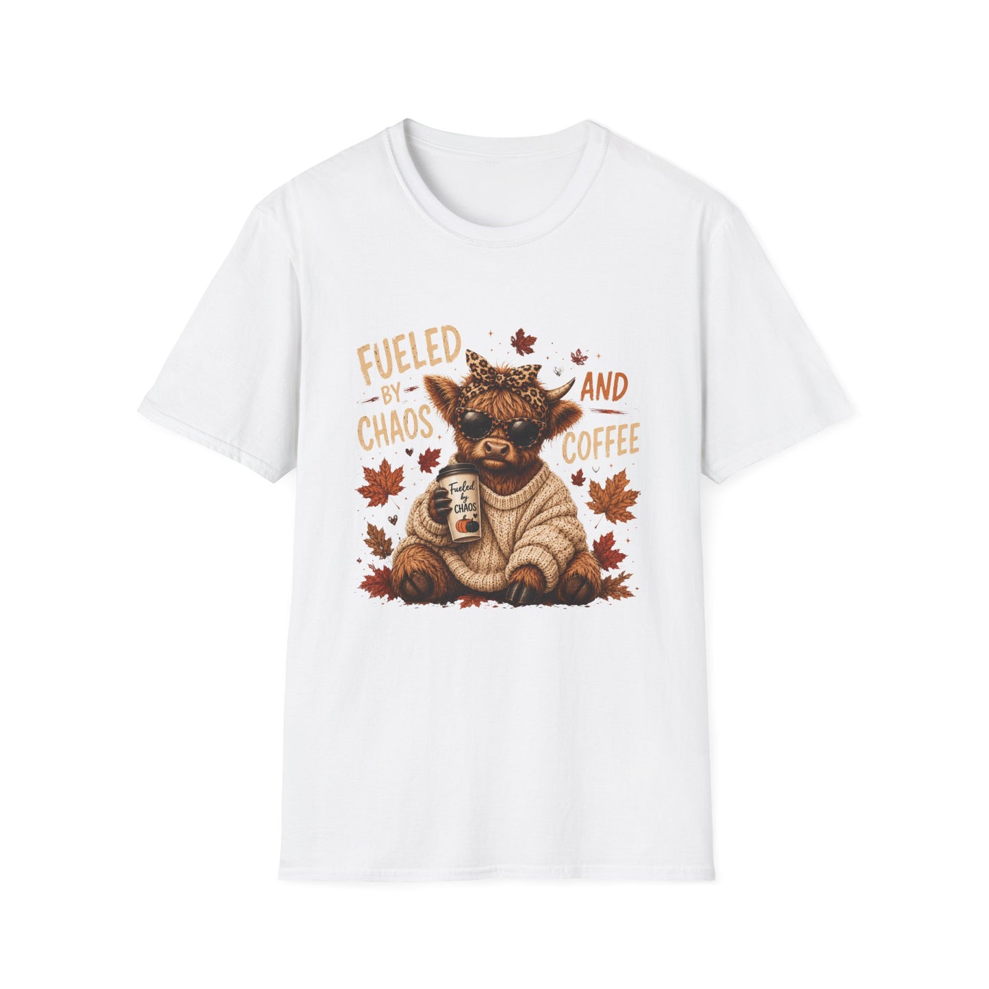 Fueled by Chaos and Coffee T-Shirt | Cute Highland Cow Autumn Design