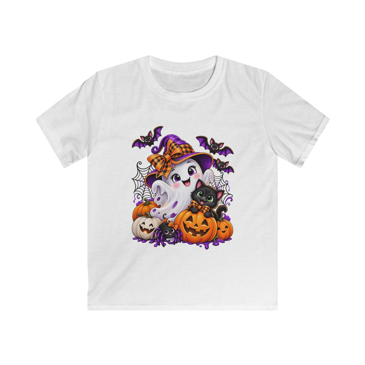 Cute Ghost with Pumpkins Kids Tee | Halloween Black Cat, Bats, Spiderwebs