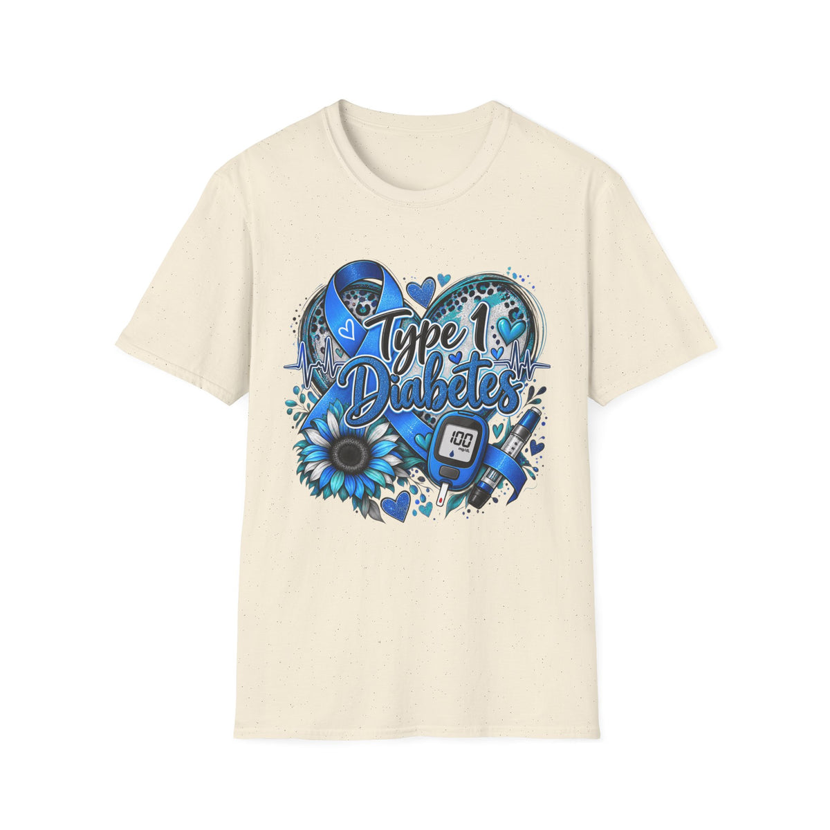 Type 1 Diabetes Awareness T-Shirt — Blue Ribbon Heart Design