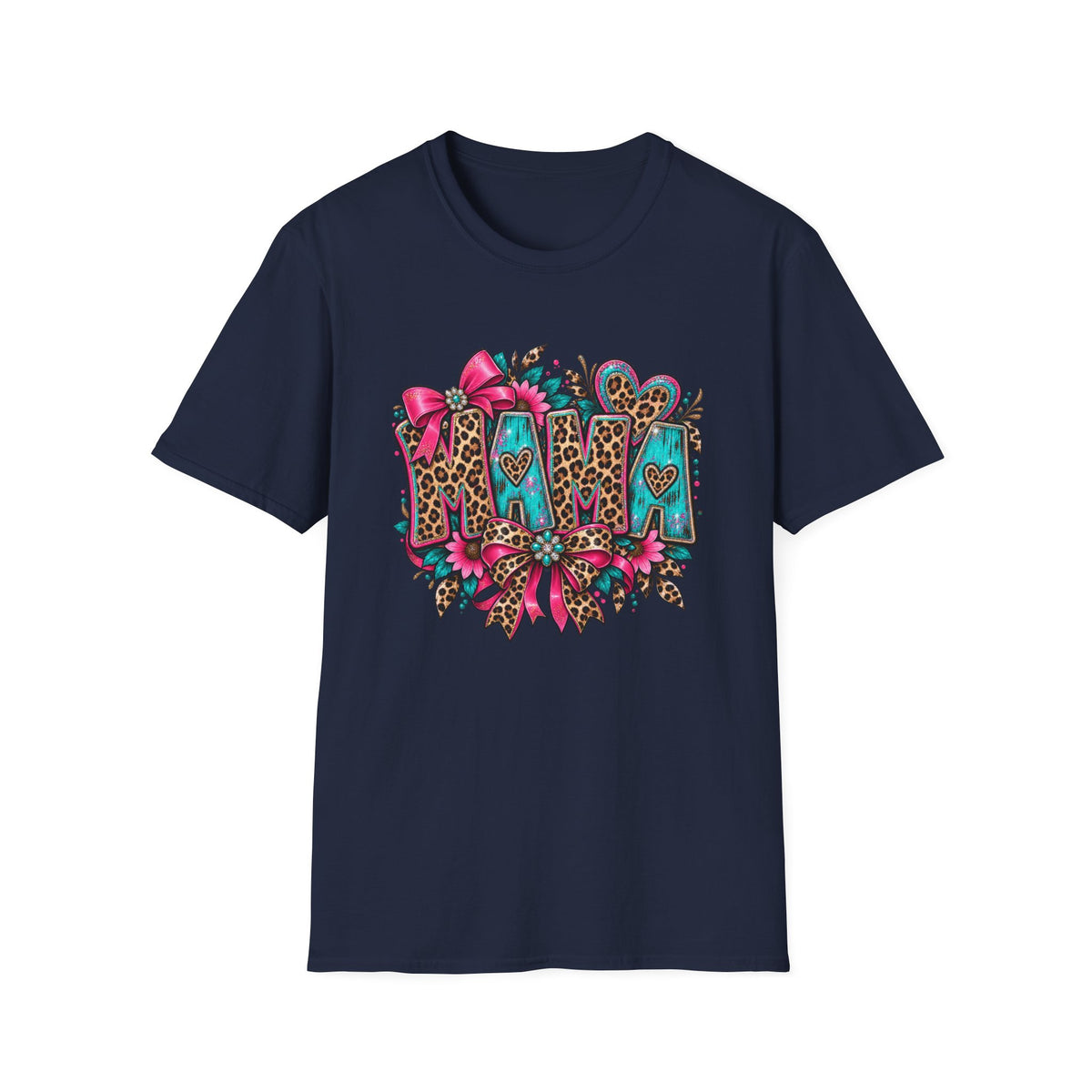 Mom Leopard Print Floral T-Shirt | Turquoise Pink Western Heart Design