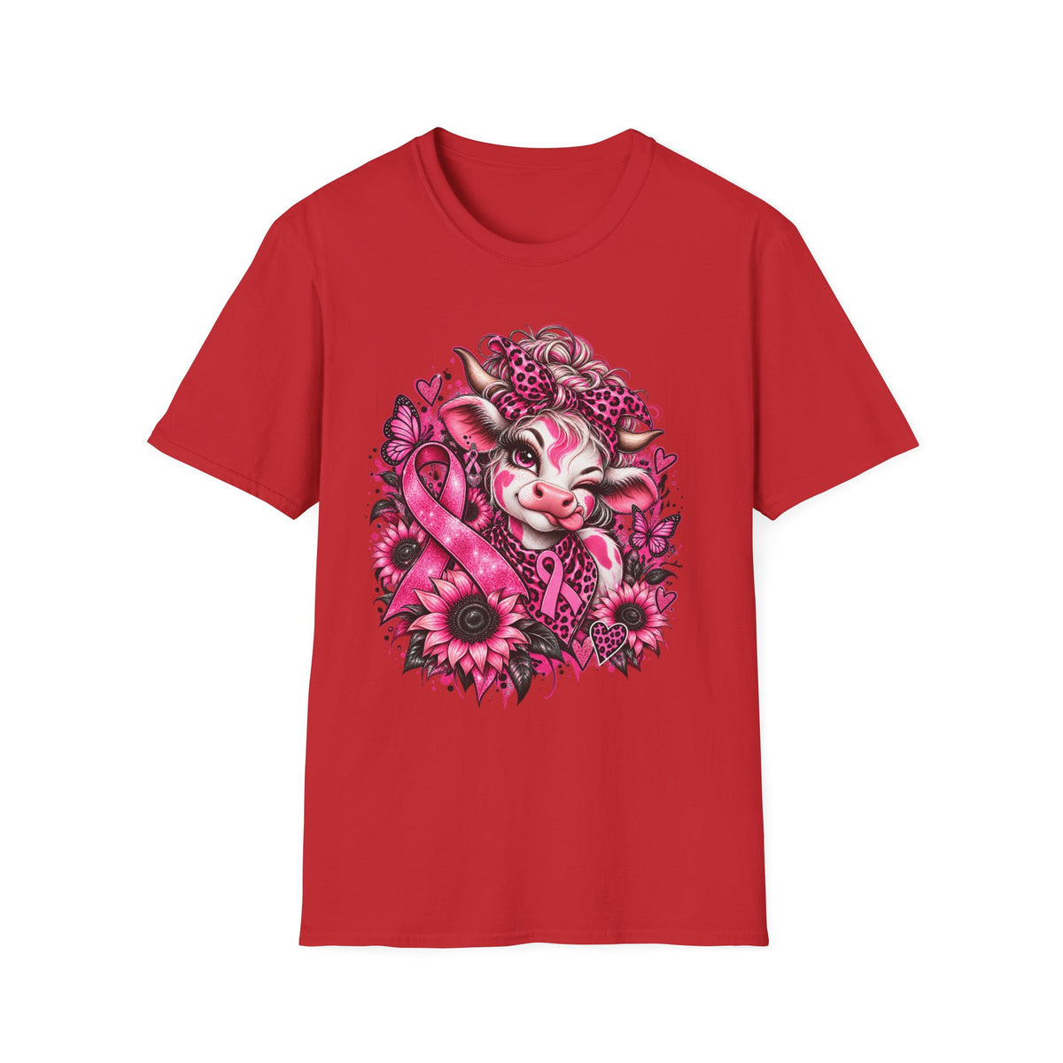 Cow Floral Breast Cancer Ribbon T-Shirt | Pink Sunflower Awareness