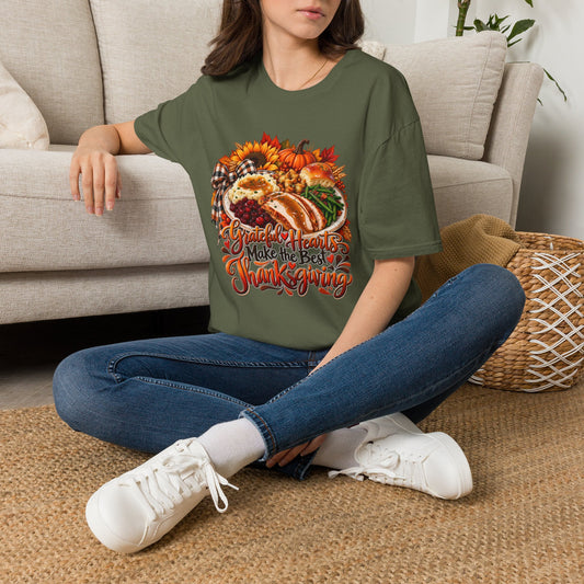 Grateful Hearts Make the Best Thanksgiving T-Shirt | Turkey Cornucopia Fall Design