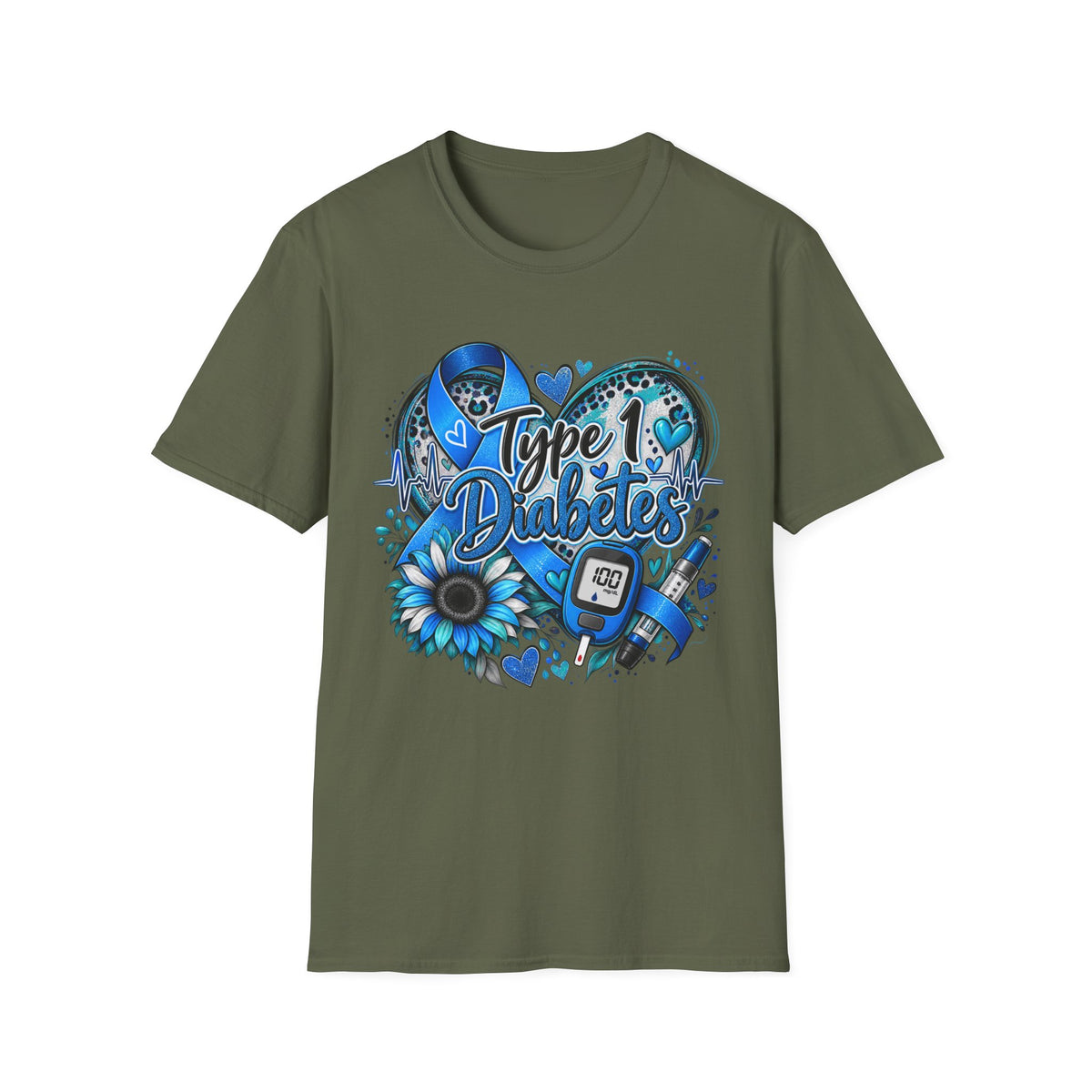 Type 1 Diabetes Awareness T-Shirt — Blue Ribbon Heart Design