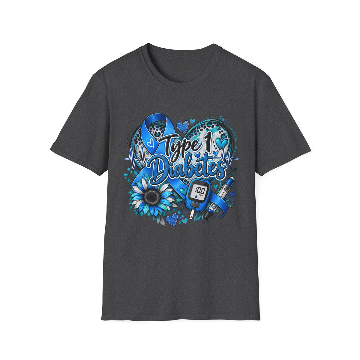 Type 1 Diabetes Awareness T-Shirt — Blue Ribbon Heart Design