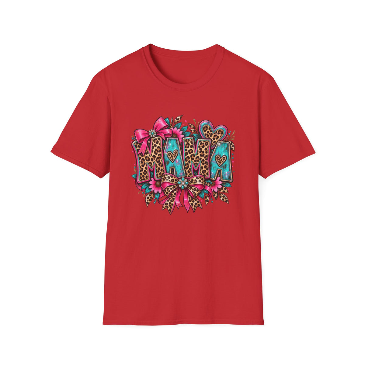 Mom Leopard Print Floral T-Shirt | Turquoise Pink Western Heart Design