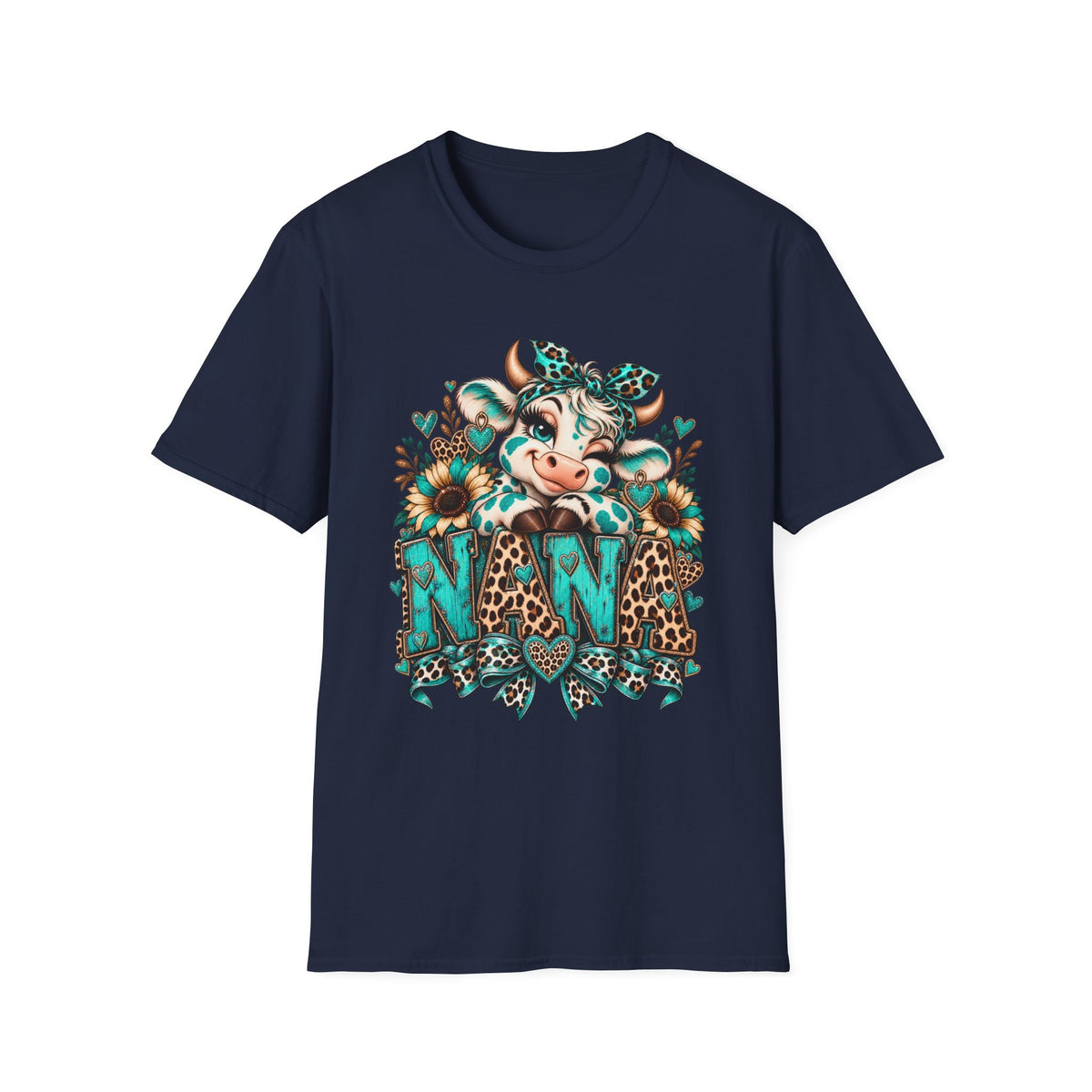 Cow Nana shirt | Cow with sunflowers, teal leopard print NAN T-Shirt