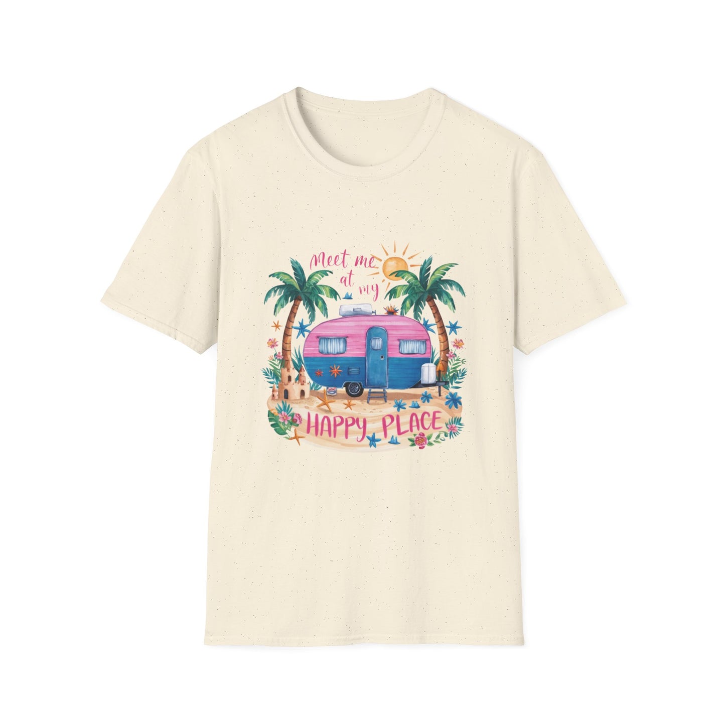 Meet Me at My Happy Place Camper T-Shirt | Retro Pink Trailer