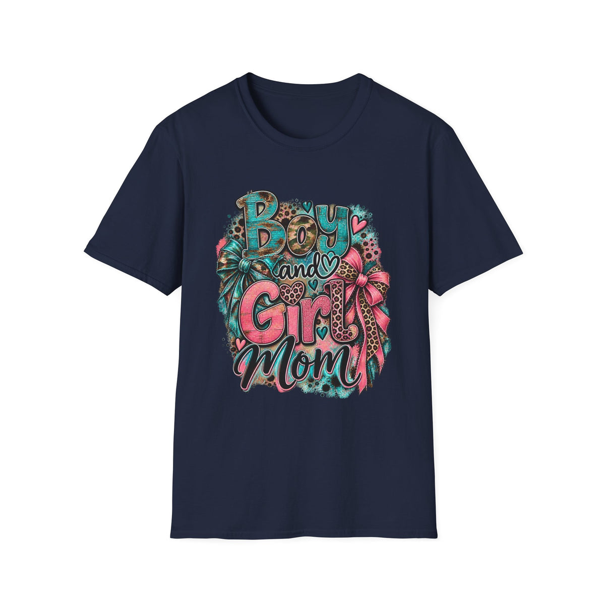 Boy and Girl Mom T-Shirt | Mommy Leopard Bow Design