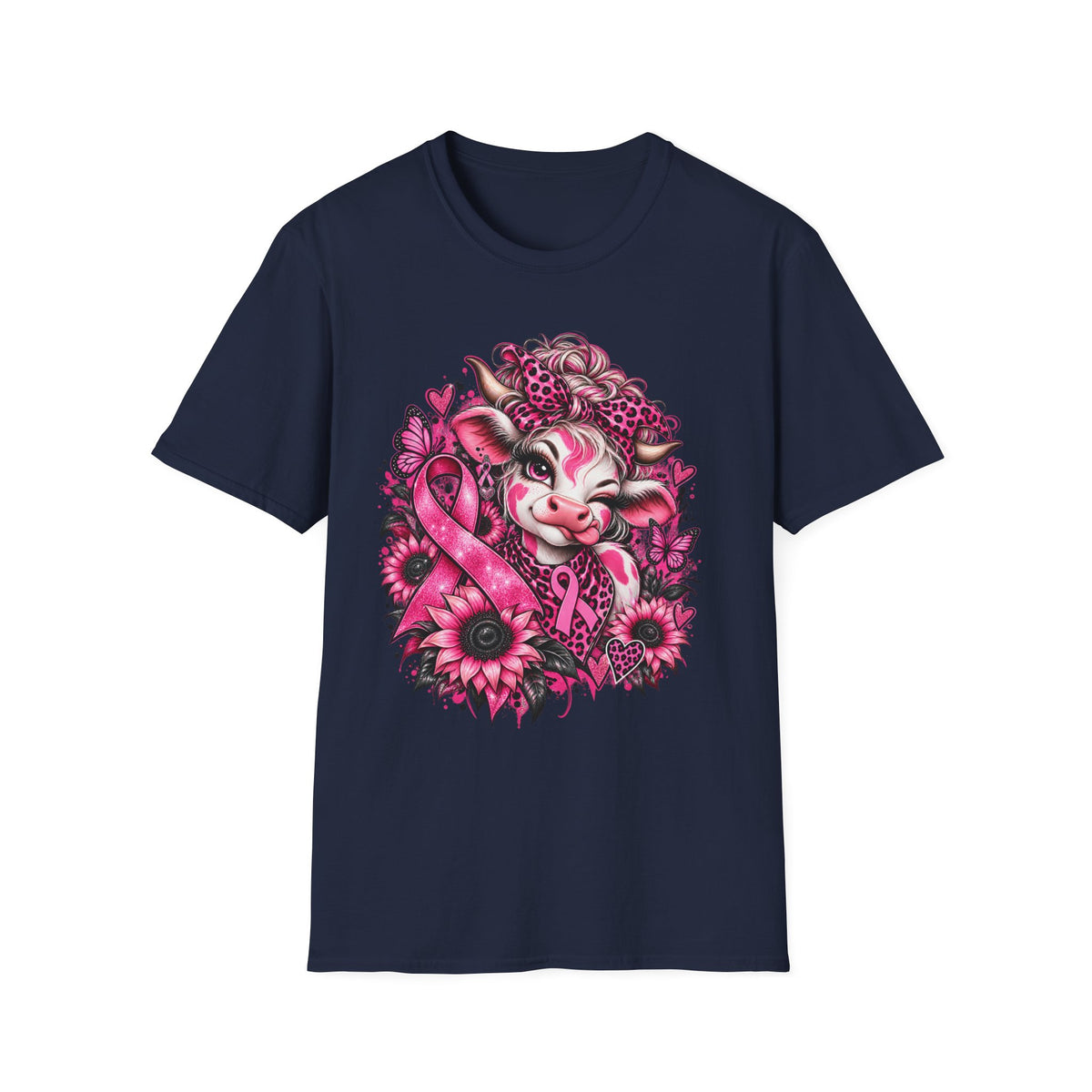 Cow Floral Breast Cancer Ribbon T-Shirt | Pink Sunflower Awareness