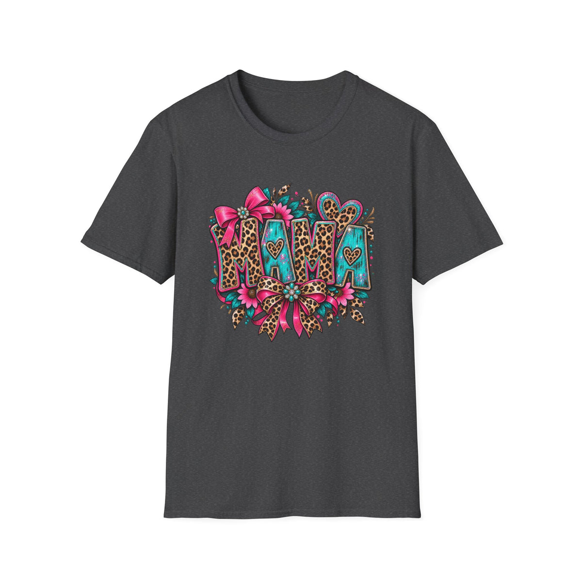 Mom Leopard Print Floral T-Shirt | Turquoise Pink Western Heart Design