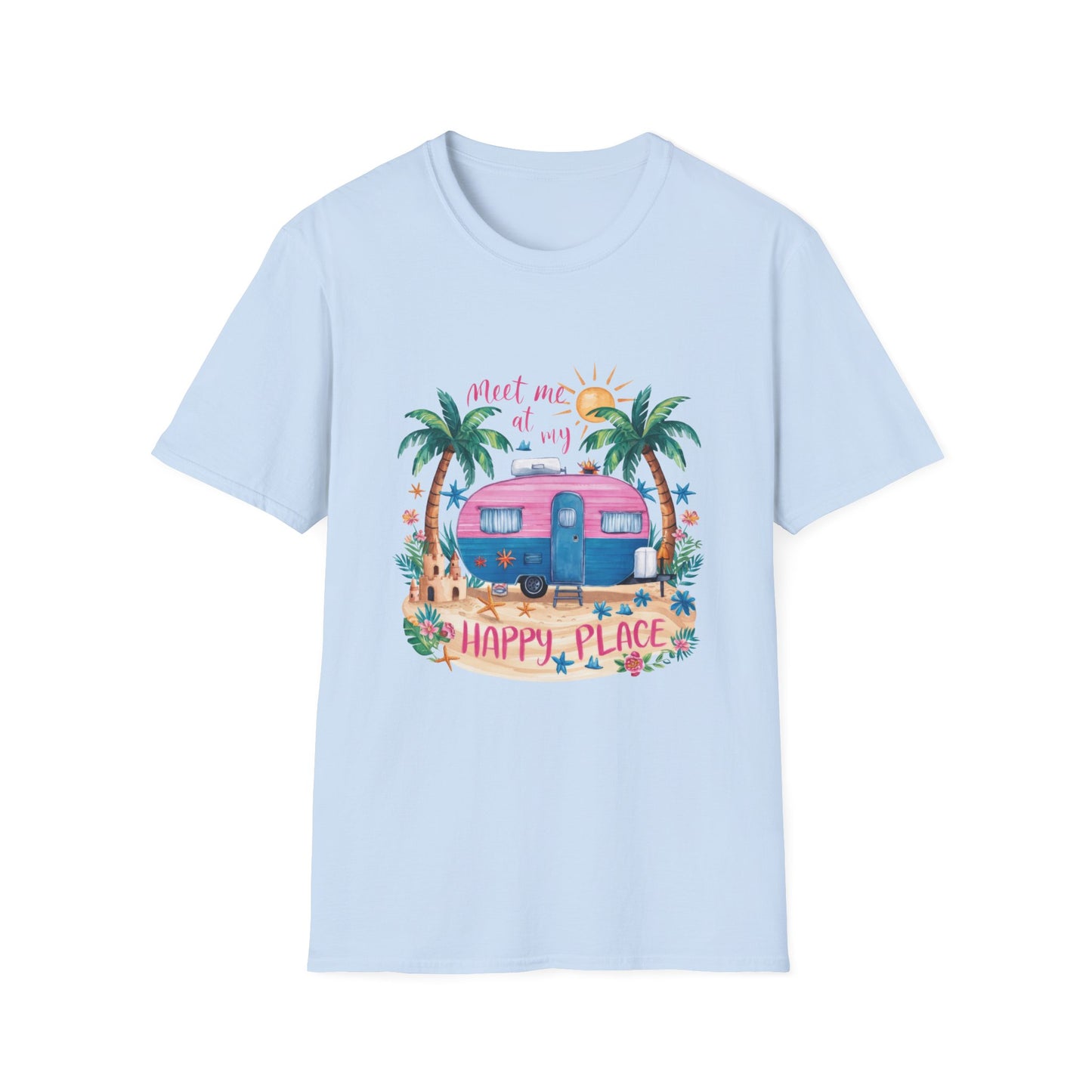 Meet Me at My Happy Place Camper T-Shirt | Retro Pink Trailer