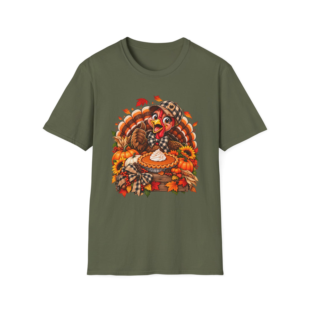 Cartoon Thanksgiving Turkey T-Shirt | Pumpkin Pie, Fall Leaves, Plaid Scarf