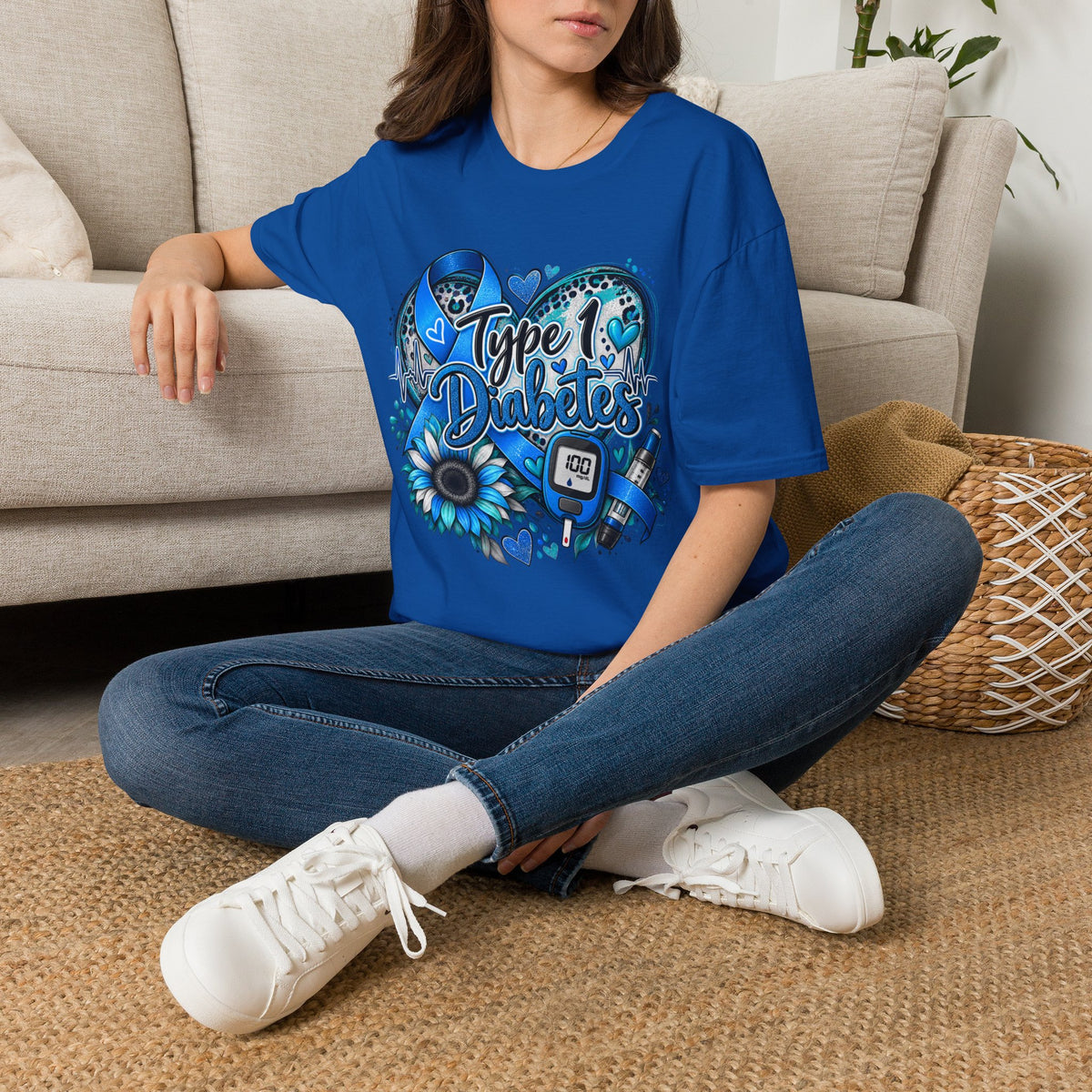 Type 1 Diabetes Awareness T-Shirt — Blue Ribbon Heart Design
