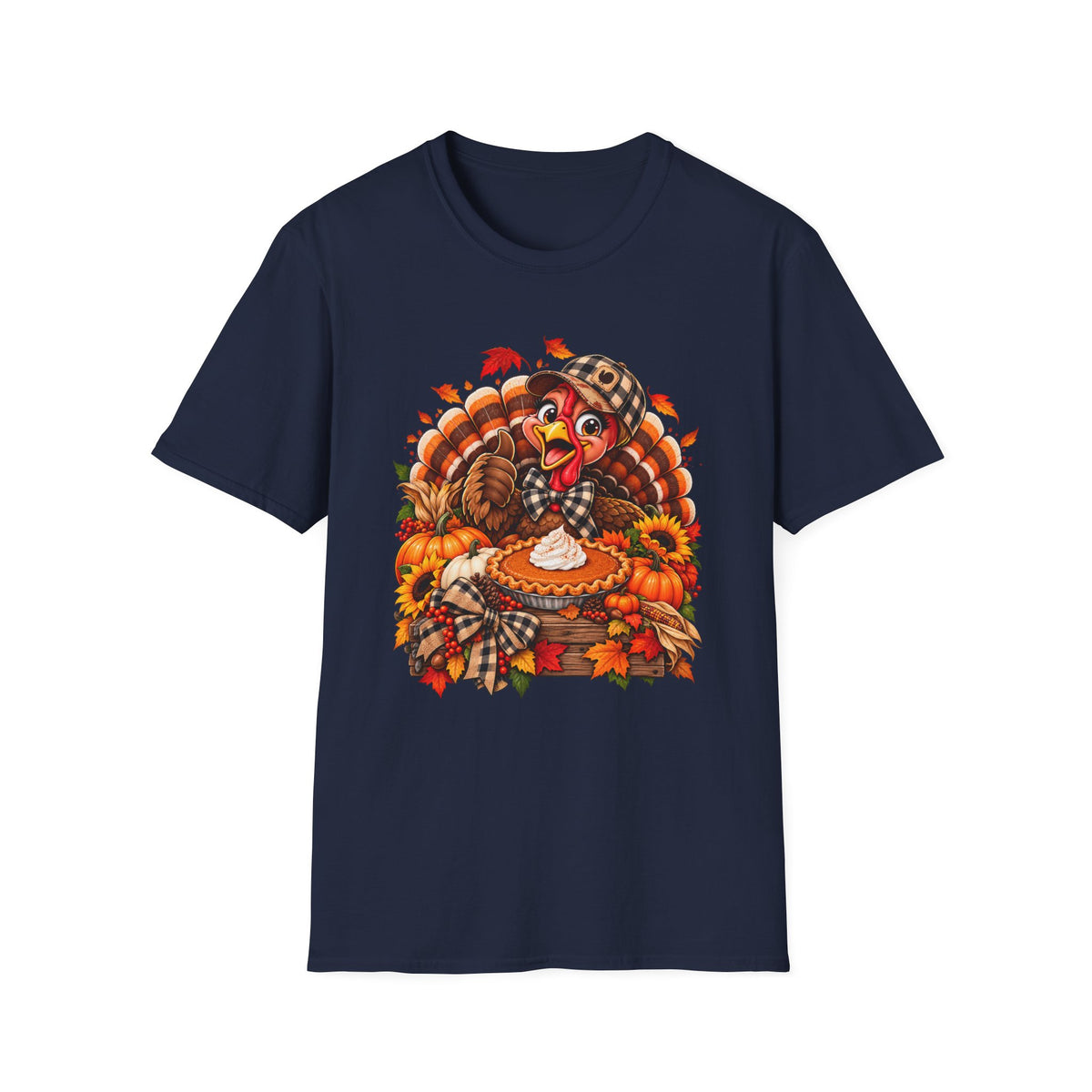 Cartoon Thanksgiving Turkey T-Shirt | Pumpkin Pie, Fall Leaves, Plaid Scarf