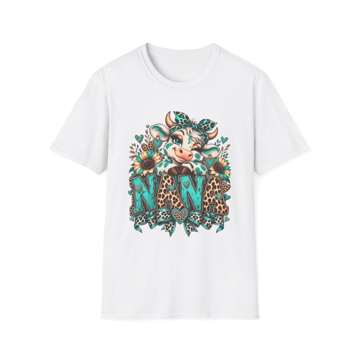 Cow Nana shirt | Cow with sunflowers, teal leopard print NAN T-Shirt