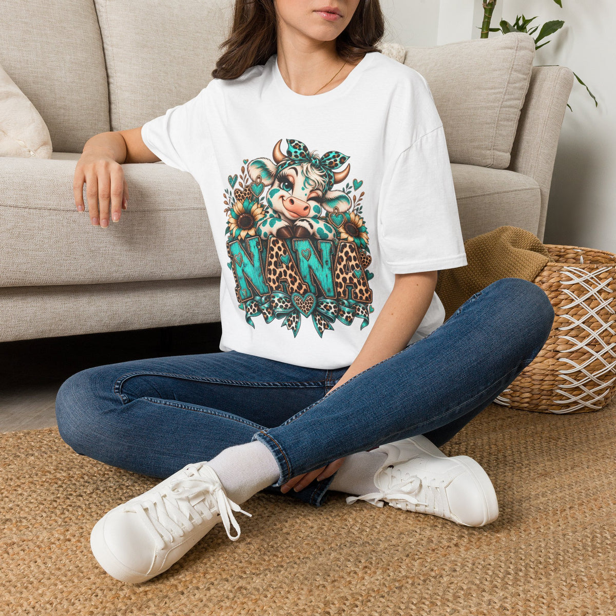 Cow Nana shirt | Cow with sunflowers, teal leopard print NAN T-Shirt