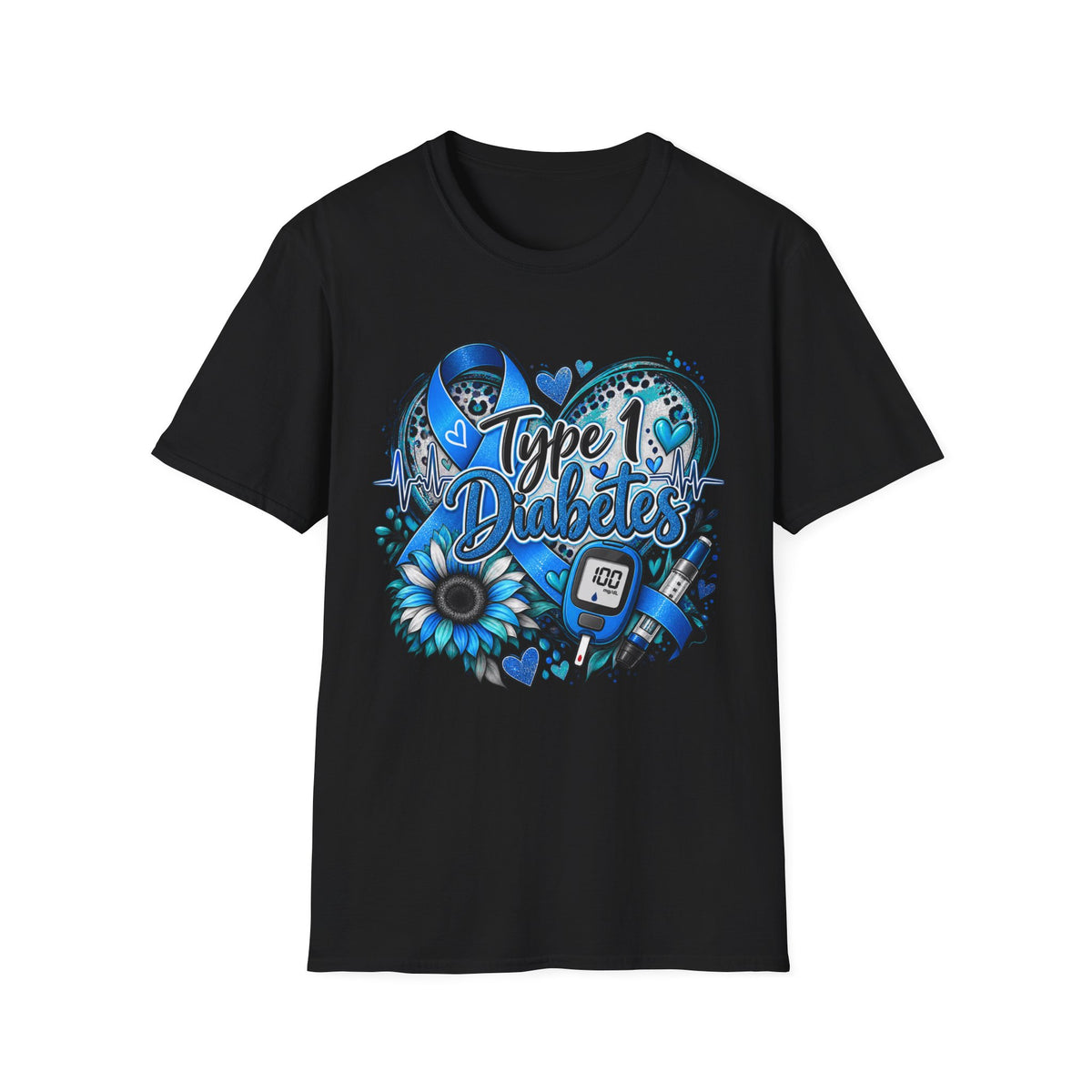 Type 1 Diabetes Awareness T-Shirt — Blue Ribbon Heart Design