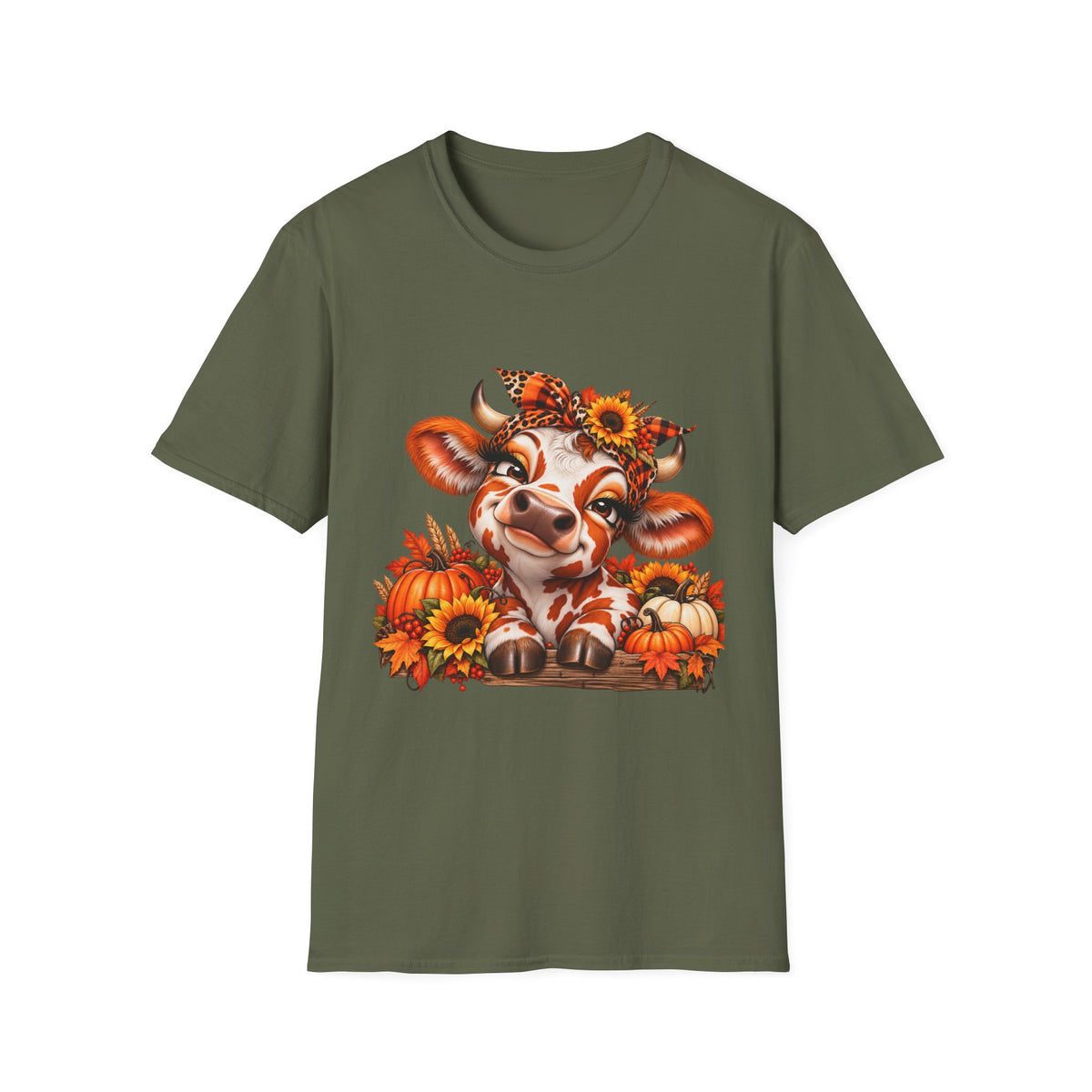 Autumn Calf with Sunflowers T-Shirt | Fall Pumpkin Cow