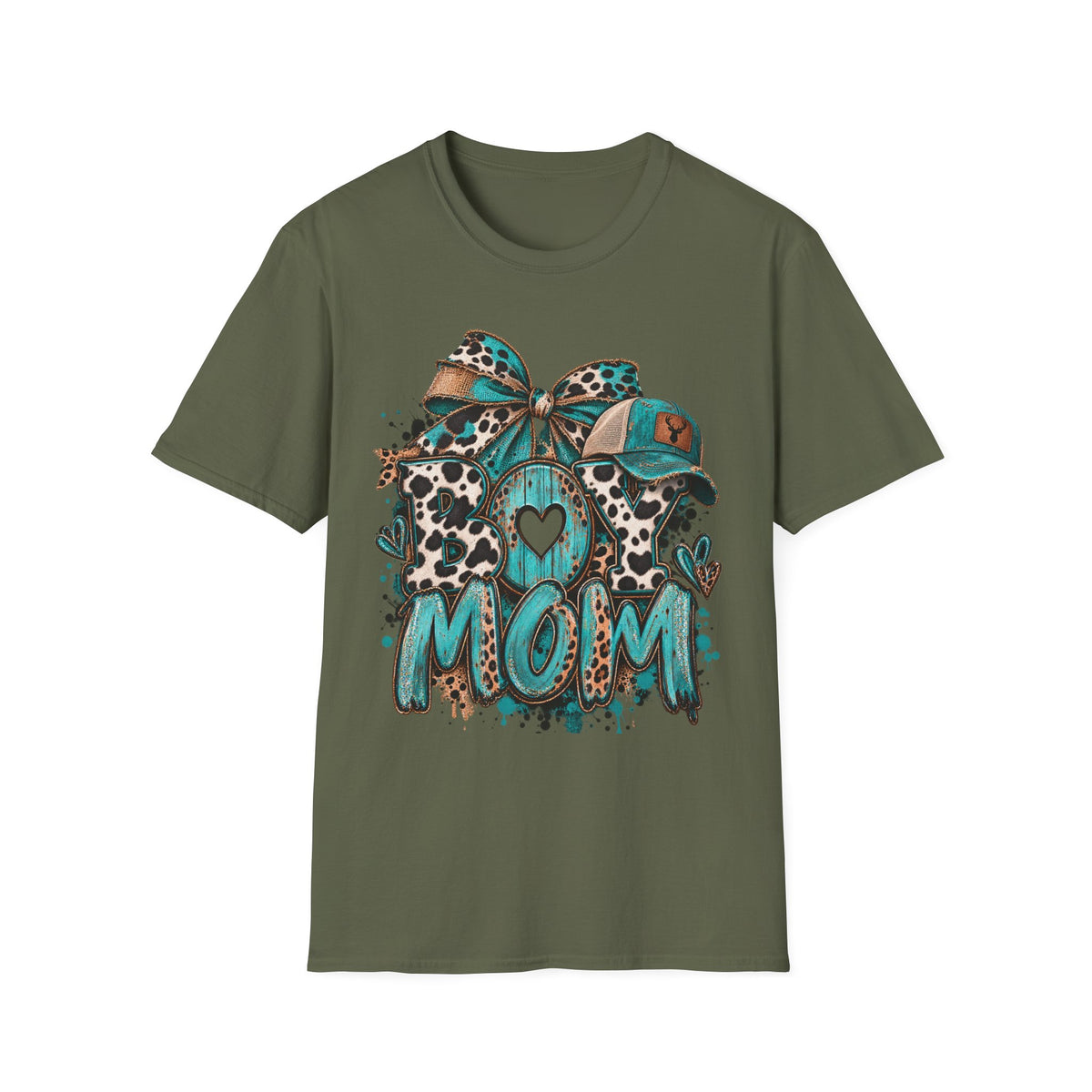 Teal Leopard Boy Mom T-Shirt | Heart Bow Baseball Cap Design