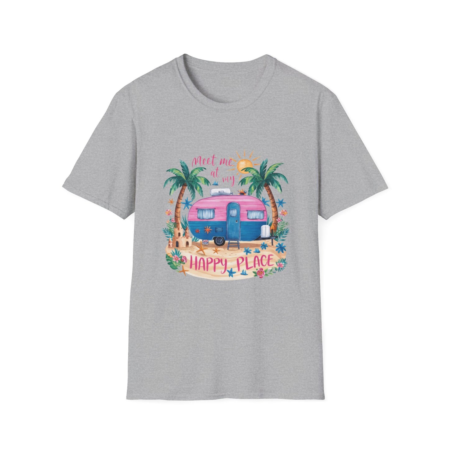 Meet Me at My Happy Place Camper T-Shirt | Retro Pink Trailer