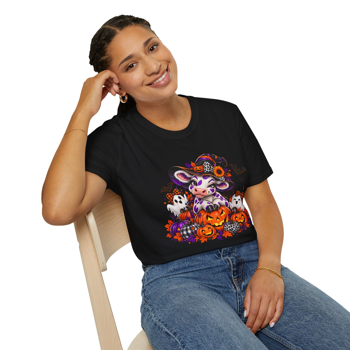 Halloween Winking Witch Cow T-Shirt | Pumpkin, Ghosts, Bats, Spooky Cute