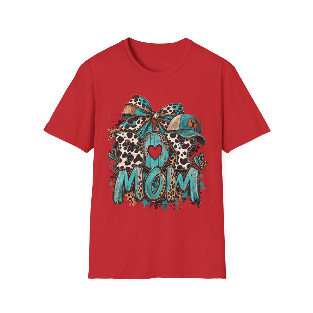 Teal Leopard Boy Mom T-Shirt | Heart Bow Baseball Cap Design