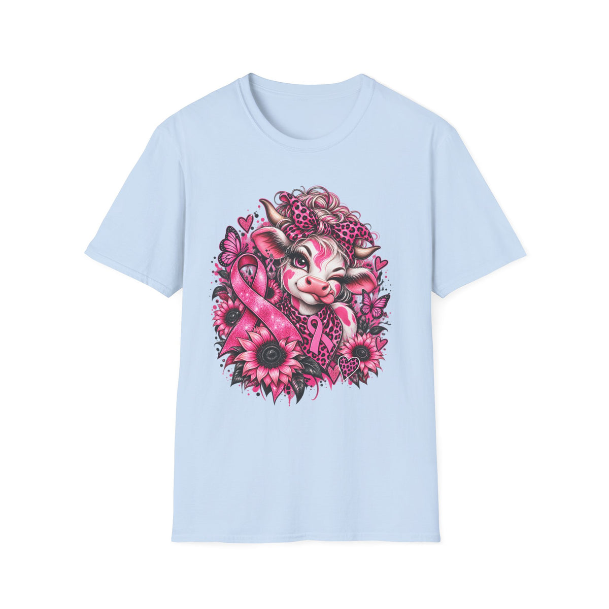 Cow Floral Breast Cancer Ribbon T-Shirt | Pink Sunflower Awareness