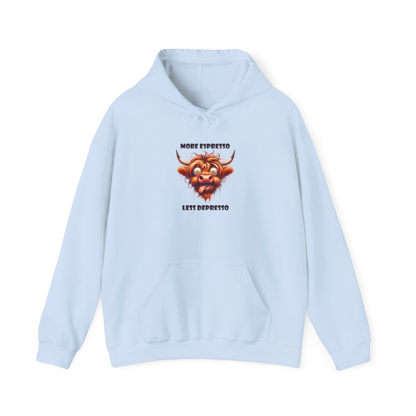 More Expresso Less Depresso hoodie | Grinning Bull Coffee Illustration