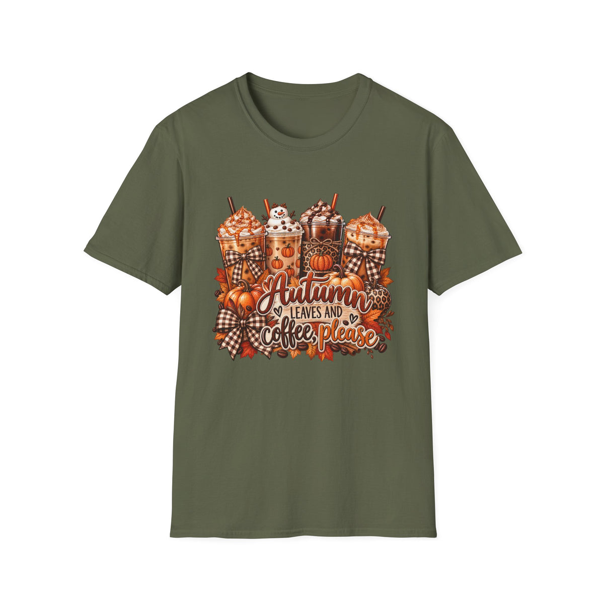 Autumn Leaves and Coffee Please T-Shirt | Fall Pumpkin Spice Coffee Design
