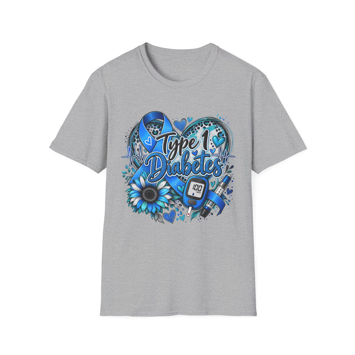 Type 1 Diabetes Awareness T-Shirt — Blue Ribbon Heart Design