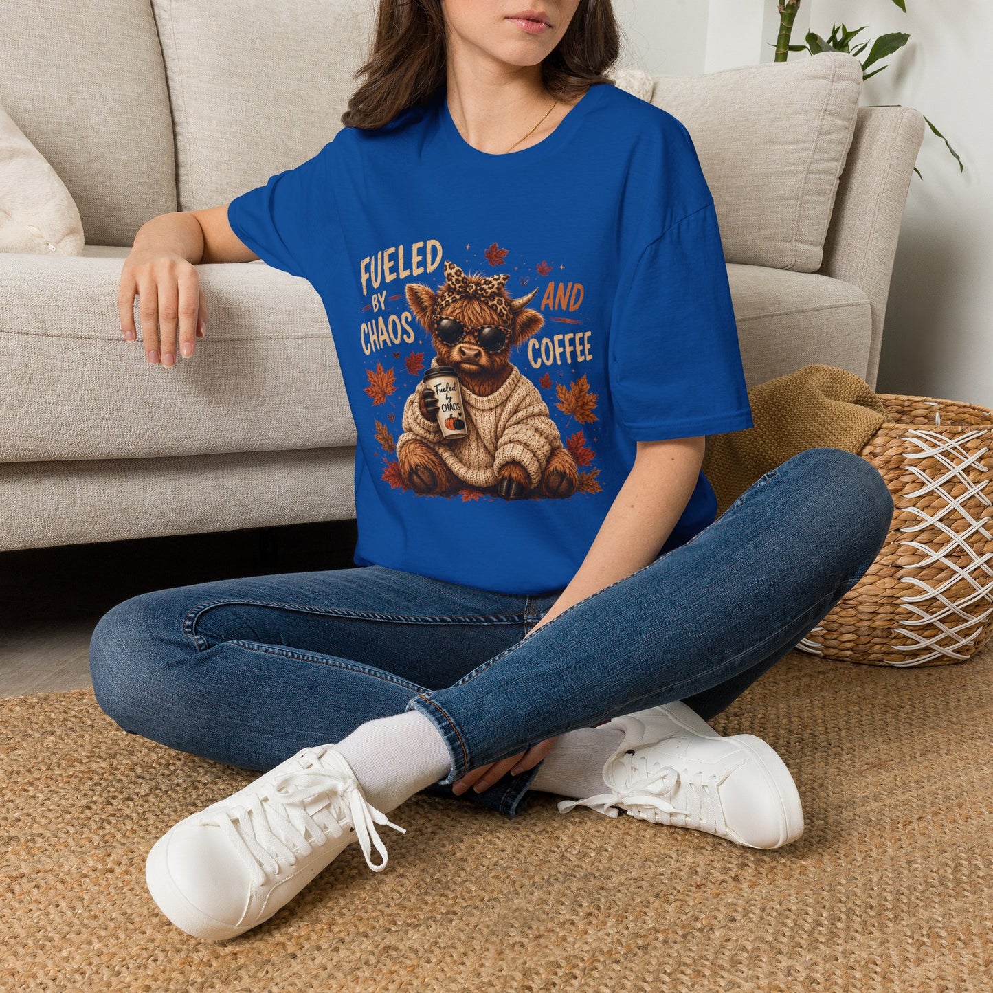 Fueled by Chaos and Coffee T-Shirt | Cute Highland Cow Autumn Design
