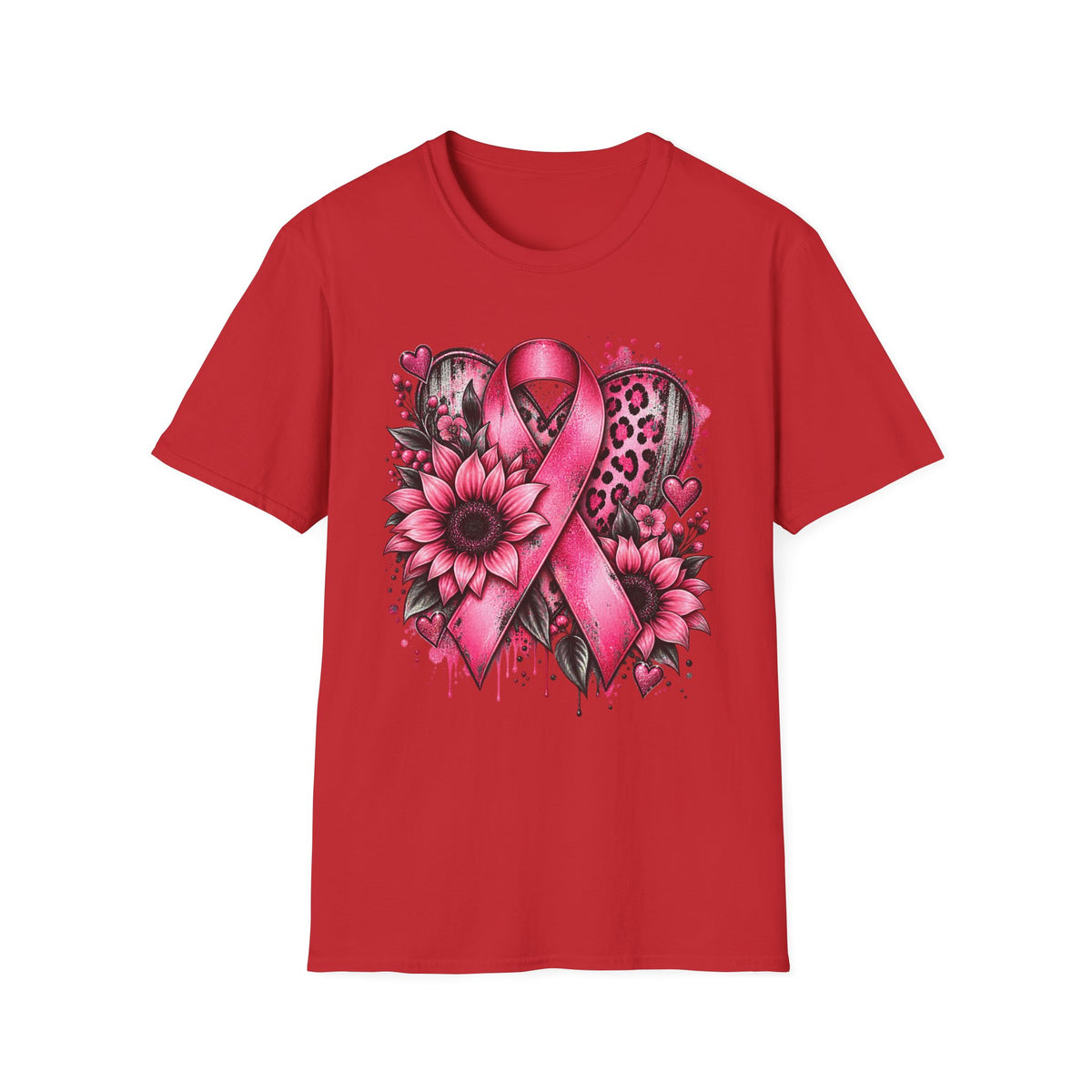 Pink Awareness Ribbon Heart T-Shirt | Floral Leopard Breast Cancer Design