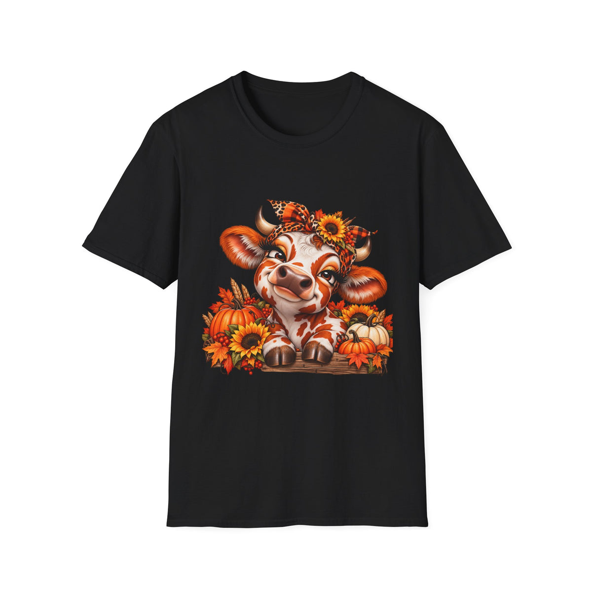 Autumn Calf with Sunflowers T-Shirt | Fall Pumpkin Cow