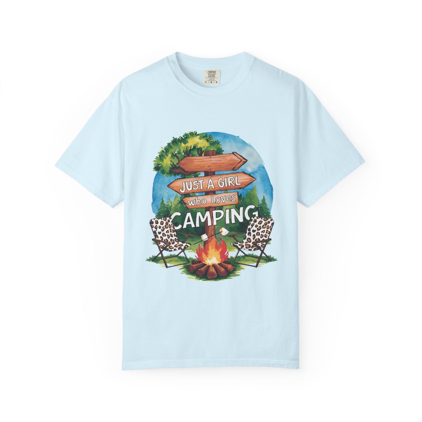 Just a Girl Who Loves Camping T-Shirt | Campfire Chairs Sign Arrow Design