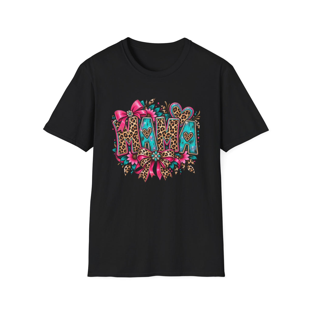 Mom Leopard Print Floral T-Shirt | Turquoise Pink Western Heart Design