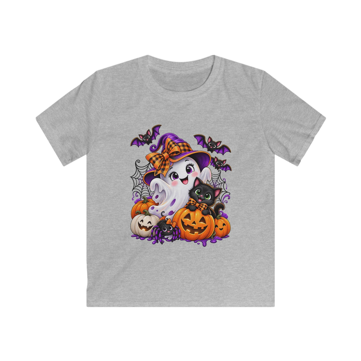 Cute Ghost with Pumpkins Kids Tee | Halloween Black Cat, Bats, Spiderwebs