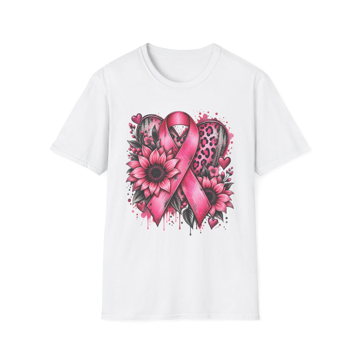 Pink Awareness Ribbon Heart T-Shirt | Floral Leopard Breast Cancer Design