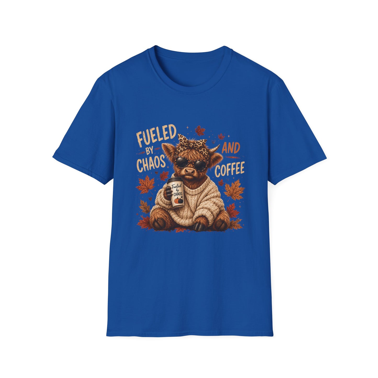 Fueled by Chaos and Coffee T-Shirt | Cute Cow Illustration, Fall Leaves