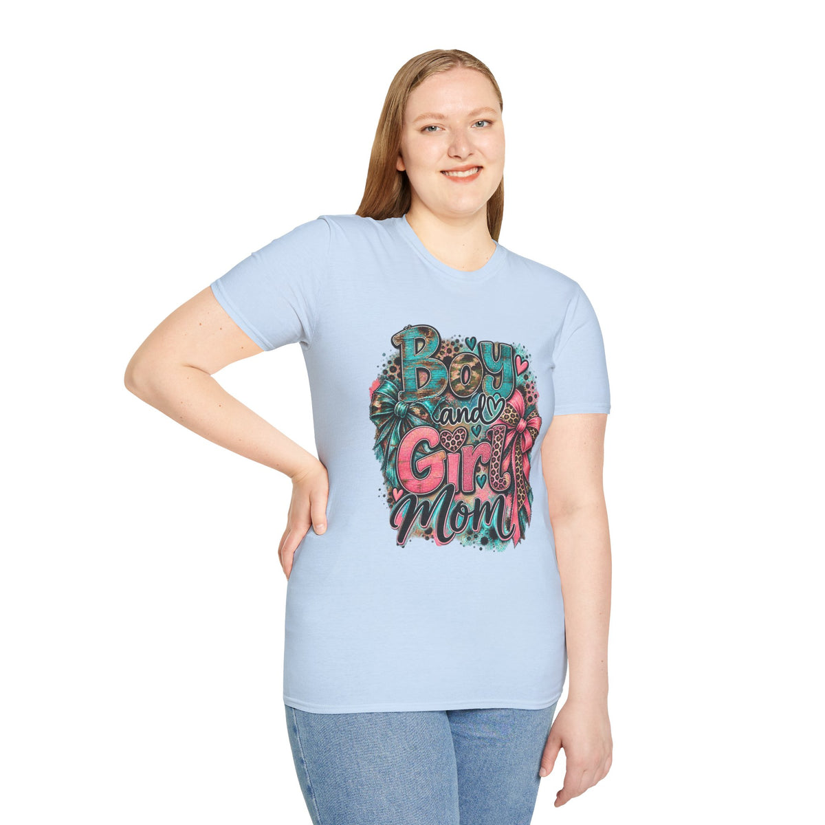 Boy and Girl Mom T-Shirt | Mommy Leopard Bow Design
