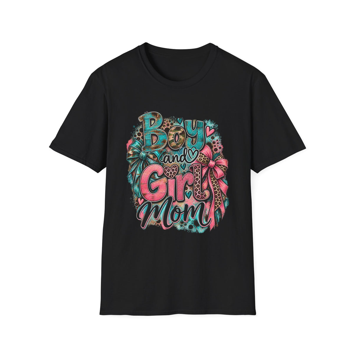 Boy and Girl Mom T-Shirt | Mommy Leopard Bow Design