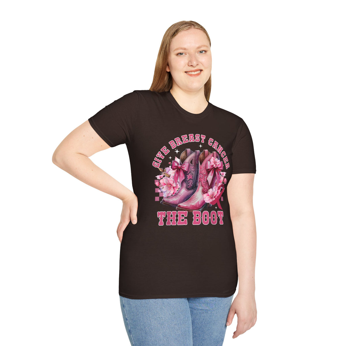 Breast Cancer Awareness T-Shirt — Give Breast Cancer The Boot (Pink Cowboy Boots)