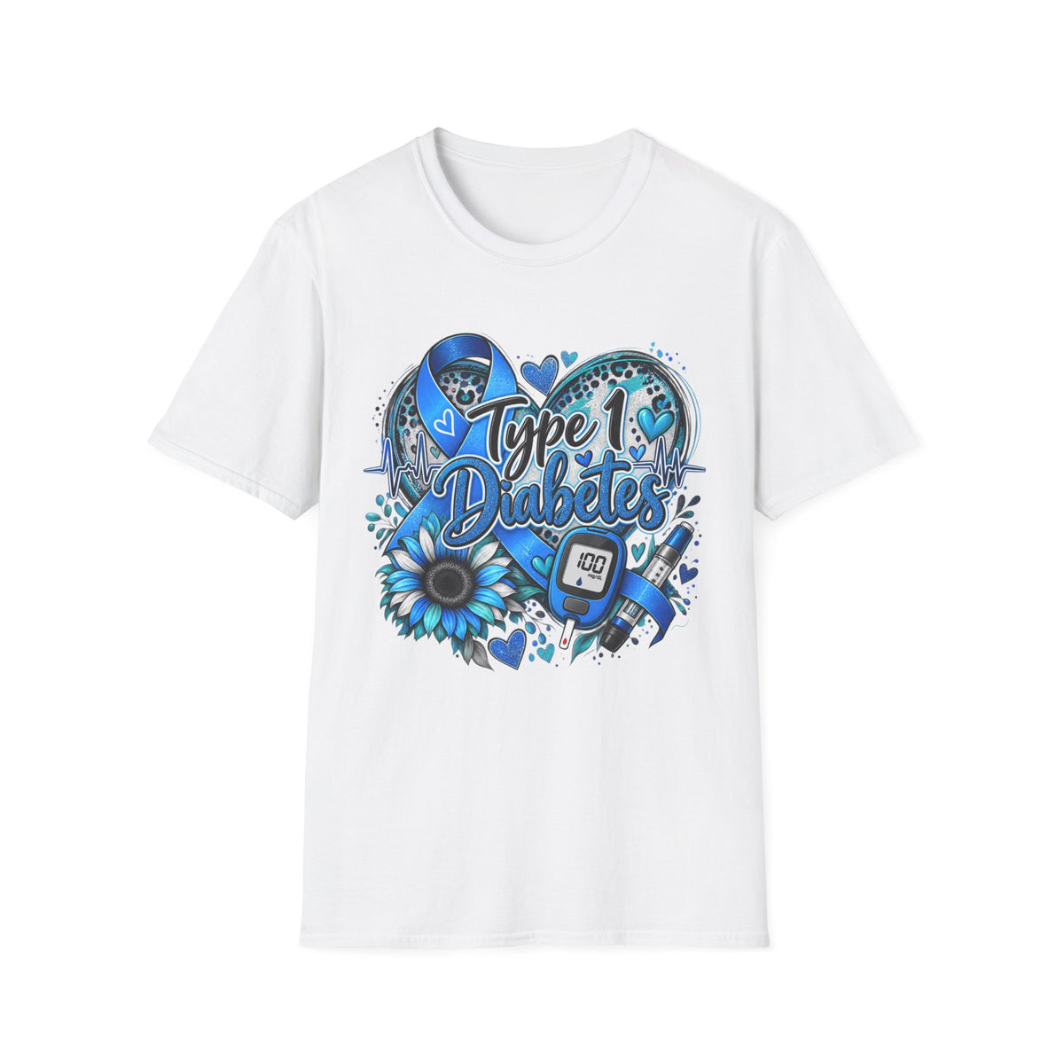 Type 1 Diabetes Awareness T-Shirt — Blue Ribbon Heart Design