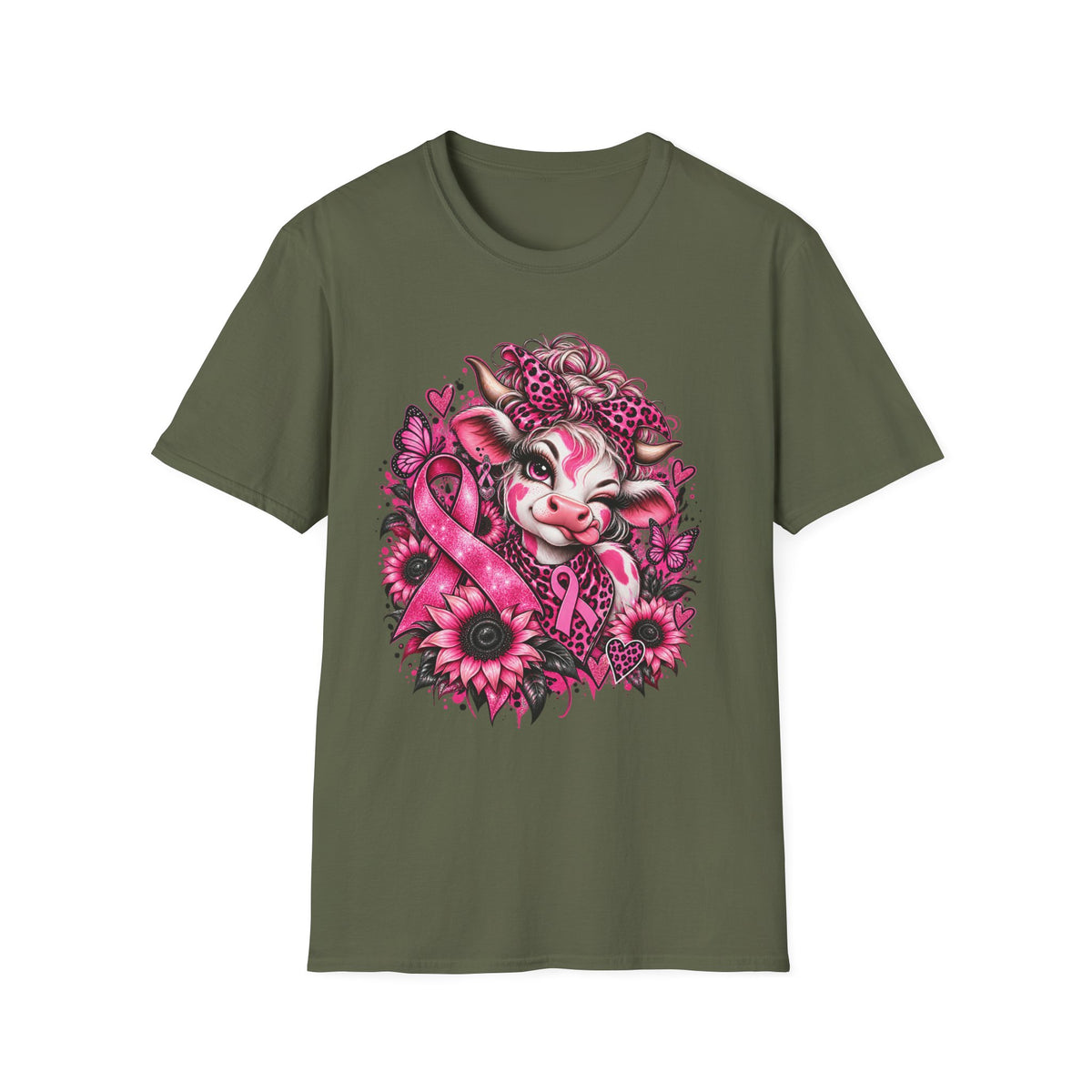 Cow Floral Breast Cancer Ribbon T-Shirt | Pink Sunflower Awareness